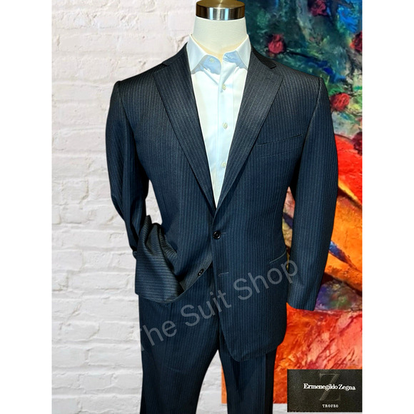 Ermenegilzo Zegna Trofeo Mens 46R 36x29 ROMA Gray Stripe Flannel Suit 3/2 Roll - Picture 2 of 16